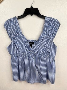 I.N. San Francisco Blouse Womens L Blue White Striped Flutter Peplum Top